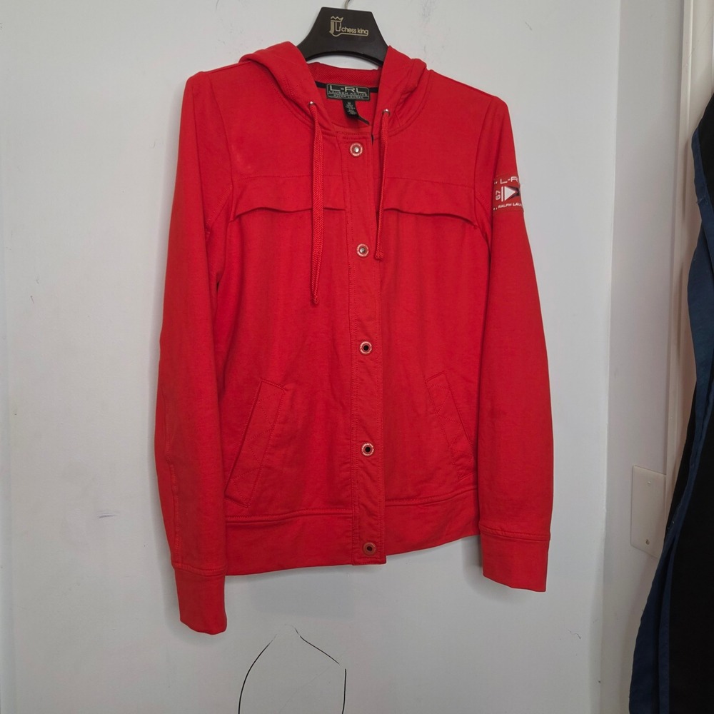 Lauren Active Ralph Lauren Red Snap Front Hoodie Jacket Womens Medium L-RL 67